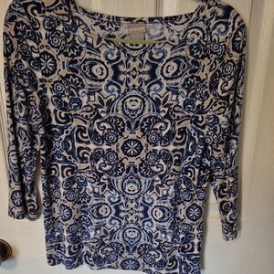 Chico's Blue and Cream Long-Sleeve Scoop Neck Printed Top